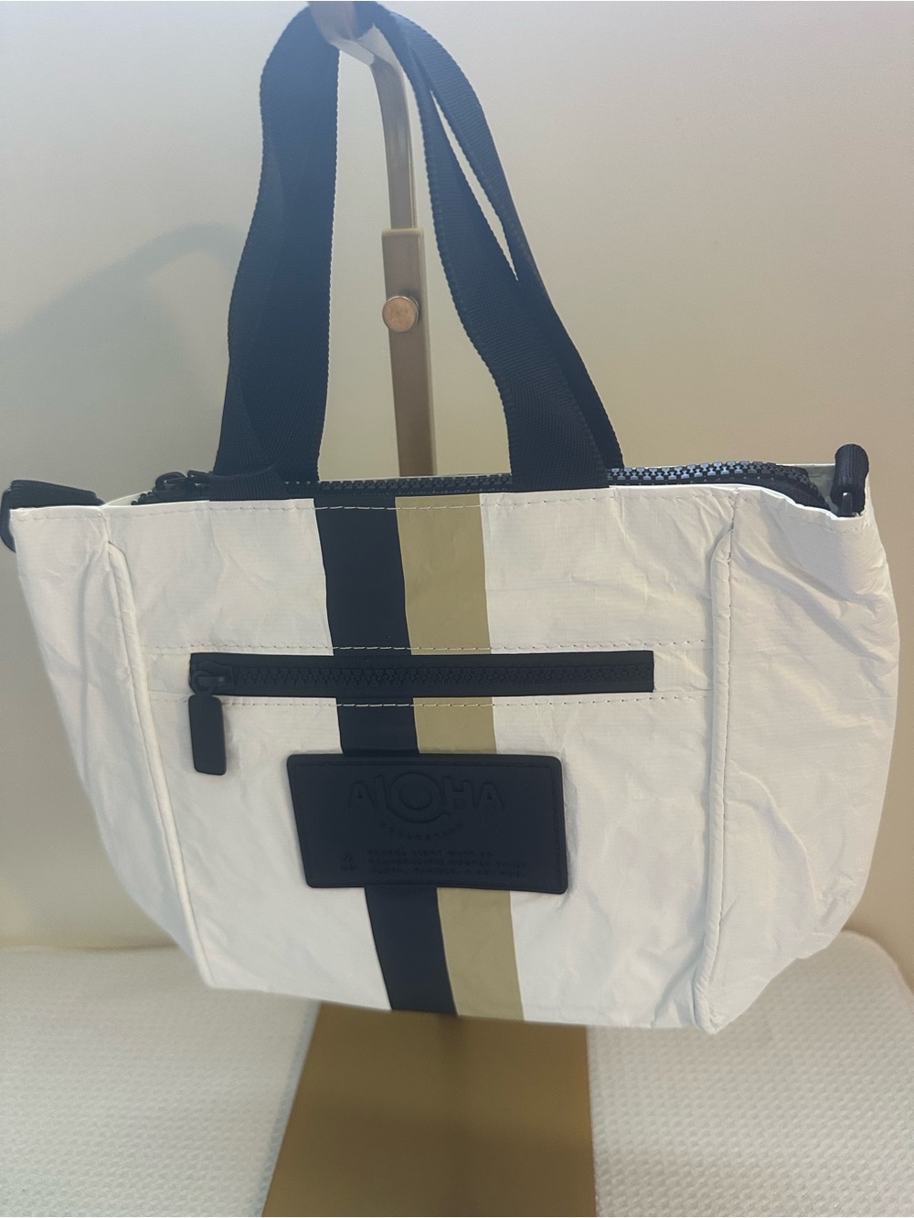 ALOHA Collection White Tote with black & Beige Center Stripes
